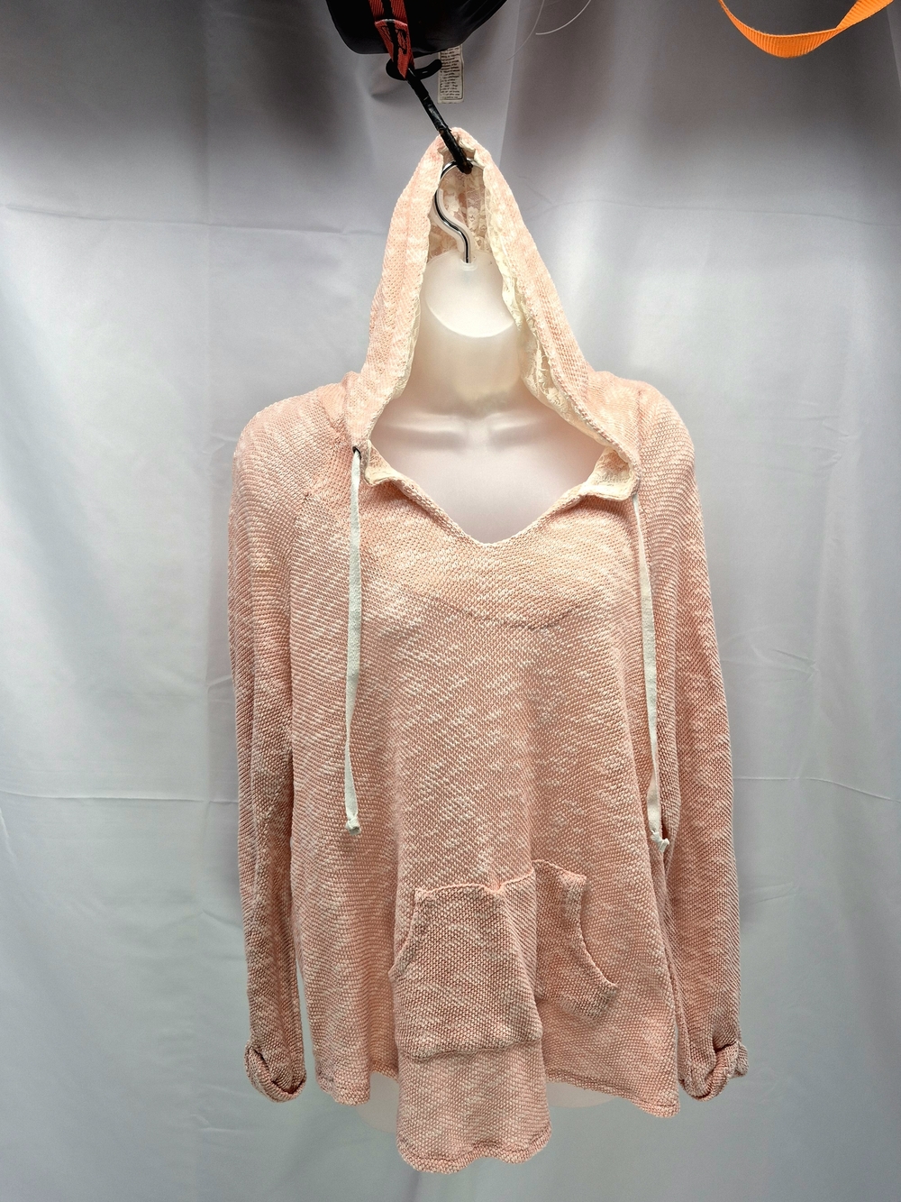 NWOT Belle du Jour 3X Peach & Cream Marbled Knit Hoodie with Lace-Lined Hood